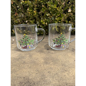 2 Christmas Tree Clear Glass Mugs Coffee Tea Cups Action Luminarc Vintage 1980s